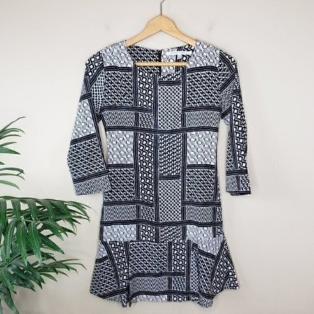 Collective Concepts Black White Boho Patchwork Petite Drop Waist Dress Size XSP